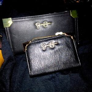 Black Wallet and Card Holder Set with Gold Accents